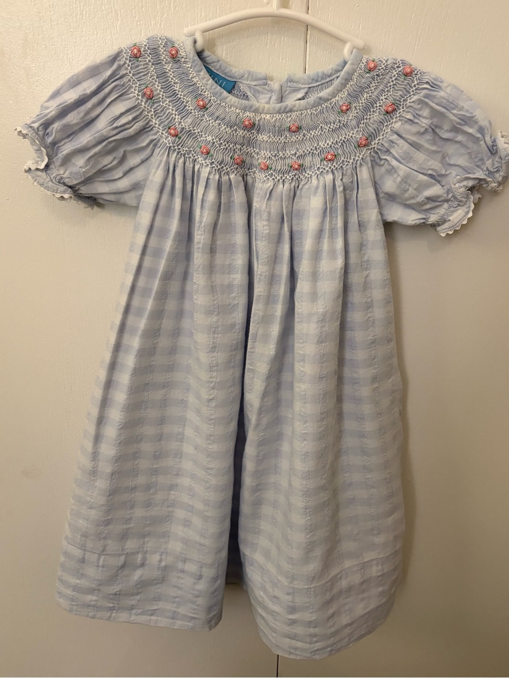 Girls' Light Blue Smocked Yoke Dress with Pink Embroidery
